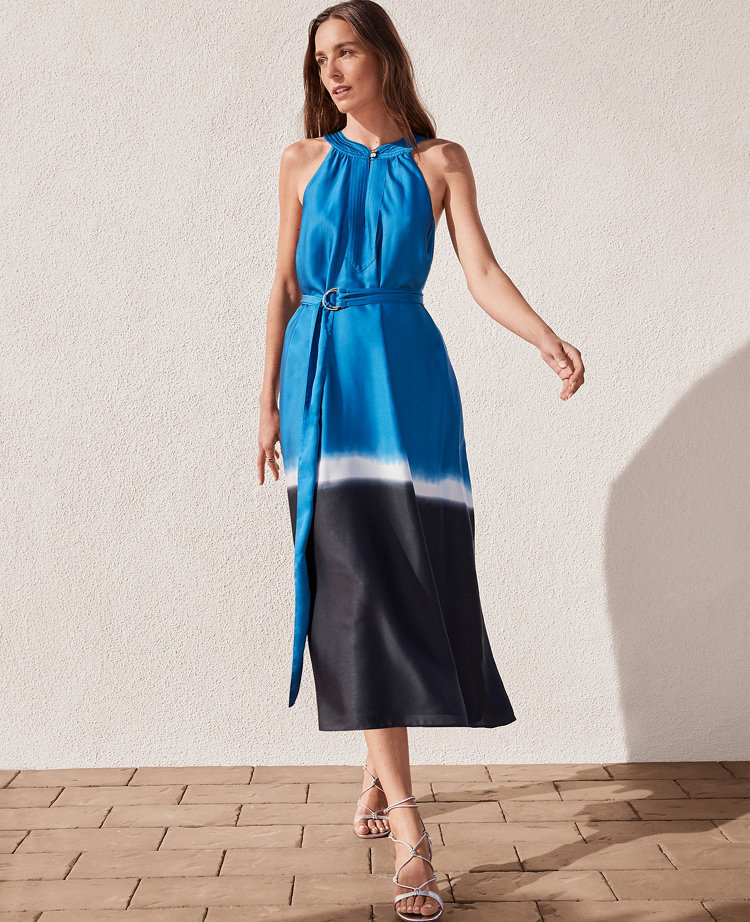 Ann Taylor Petite Striped Midi Halter Pocket Dress Santorini Women's