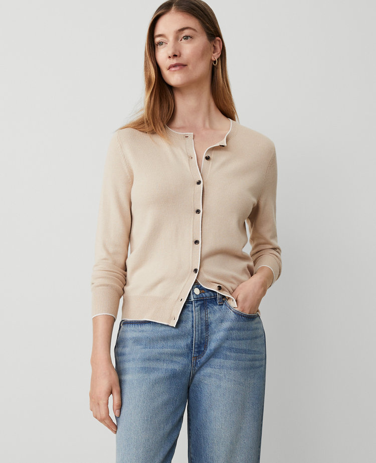 Ann Taylor Petite Tipped Cardigan Toasted Oat Women's