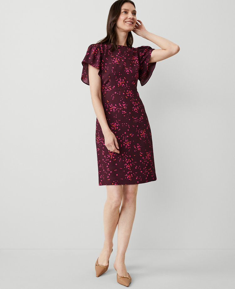 Ann Taylor Petite Floral Flare Dress Plum Rose Women's