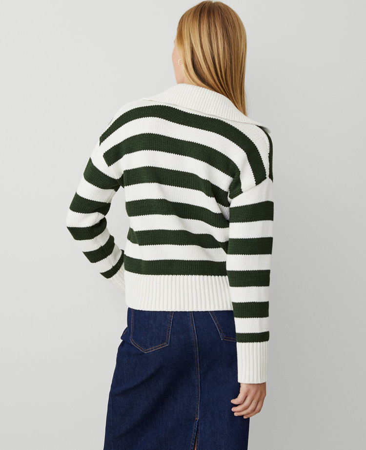 Ann Taylor Petite AT Weekend Stripe Collared Sweater Green/White Women's