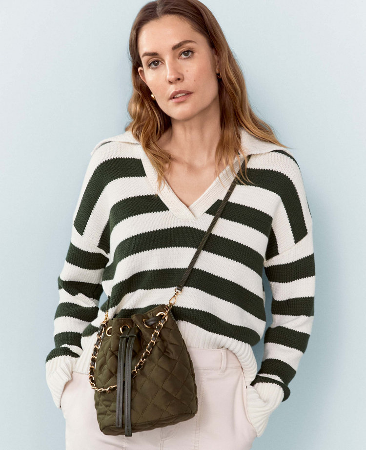 Ann Taylor Petite AT Weekend Stripe Collared Sweater Green/White Women's