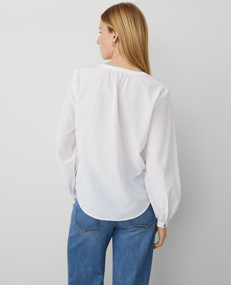 Ann Taylor Petite AT Weekend Cotton Blend Popover Top White Women's