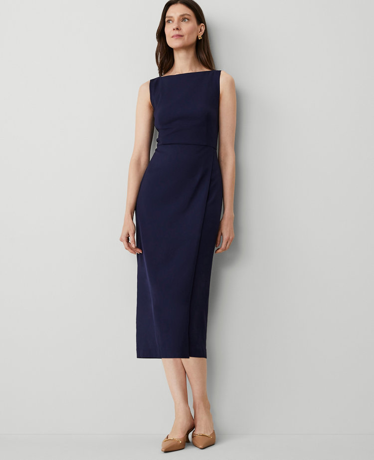 Ann Taylor The Petite Boatneck Wrap Sheath Dress Textured Drape Navy Women's