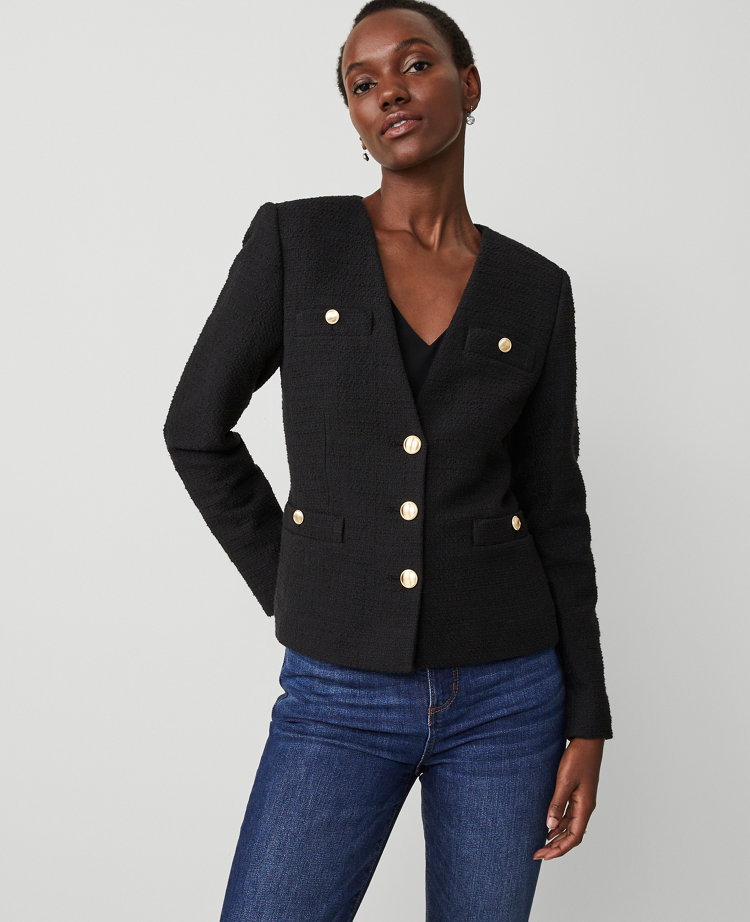 Ann Taylor Tweed Fitted V-Neck Jacket Black Women's