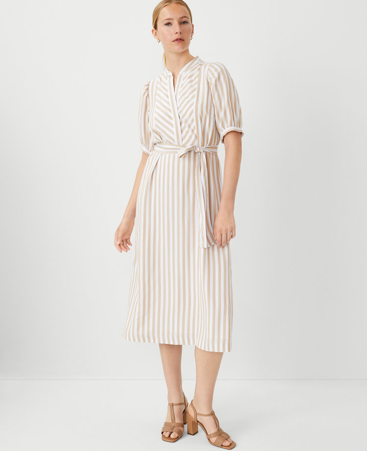 Ann Taylor Petite Striped Puff Sleeve Midi Shift Dress Baguette Women's