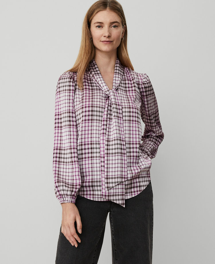 Ann Taylor Plaid Tie V-Neck Popover Top Sunset Lavender Women's