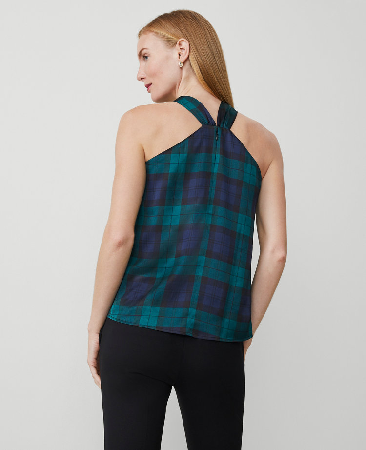 Tartan Rosette Drape-Neck Halter Top