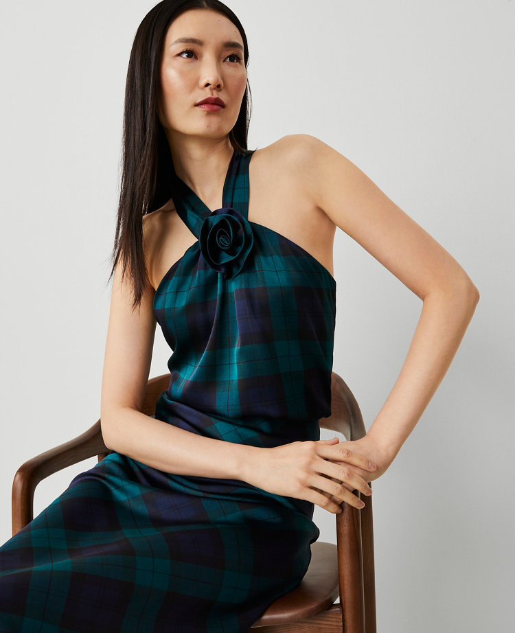 Tartan Rosette Drape-Neck Halter Top