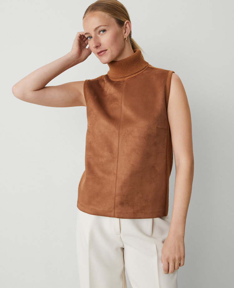 Faux Suede Mixed Media Turtleneck Sweater
