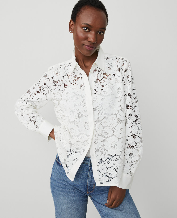 Ann Taylor Lace Collared Shirt White Women's