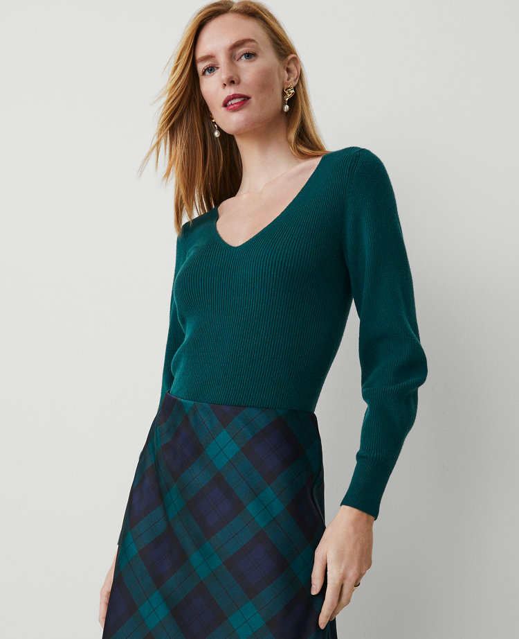 Puff-Sleeve V-Neck Sweater
