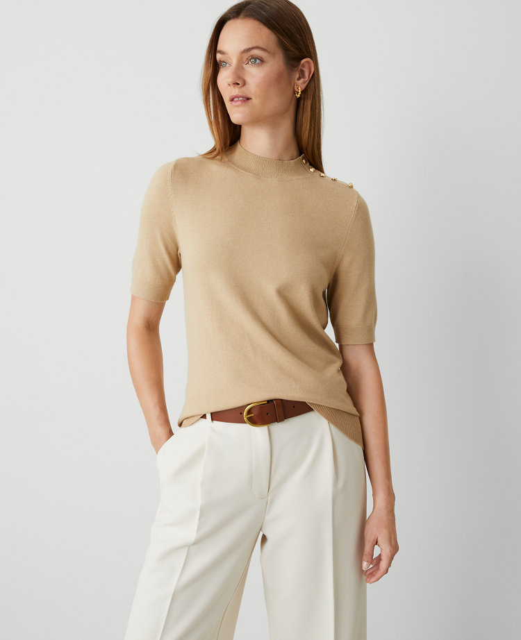 Ann Taylor Essential Button Mock Neck Sweater T-Shirt Women's