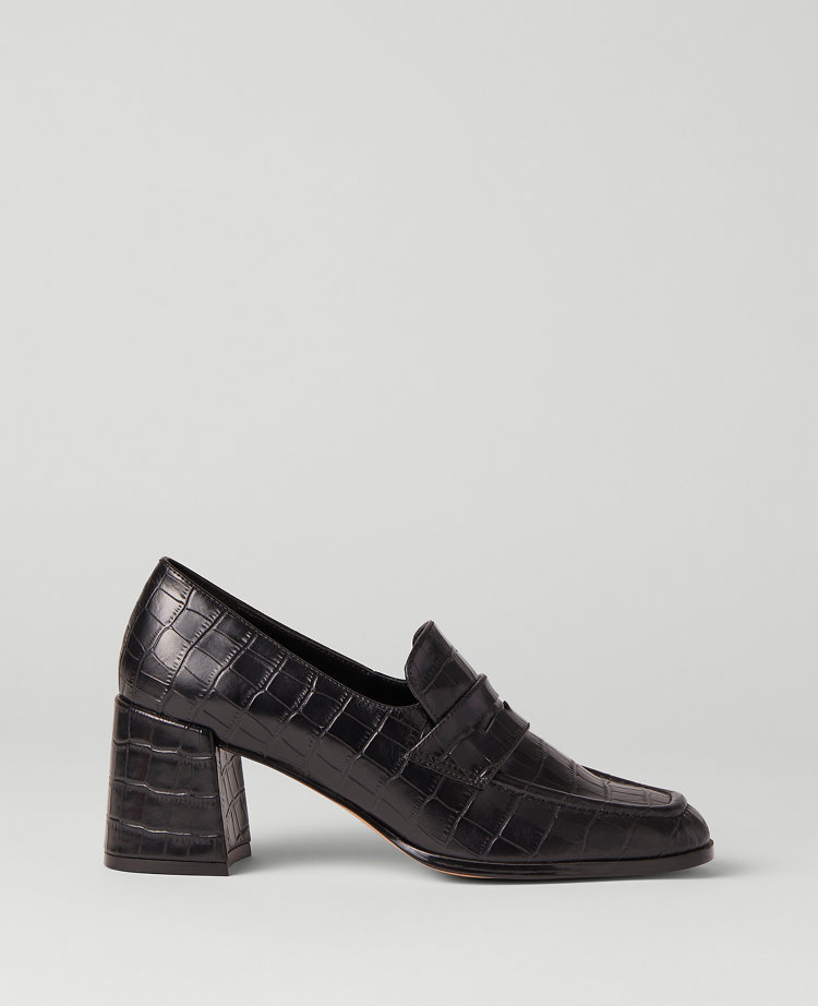 Embossed Leather Block Heel Loafer Pumps