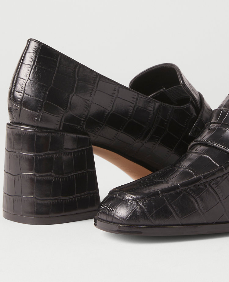 Embossed Leather Block Heel Loafer Pumps