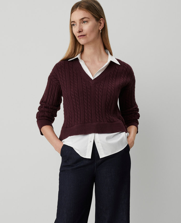 Ann Taylor Collared Mixed Media Sweater Plum Rose Women's