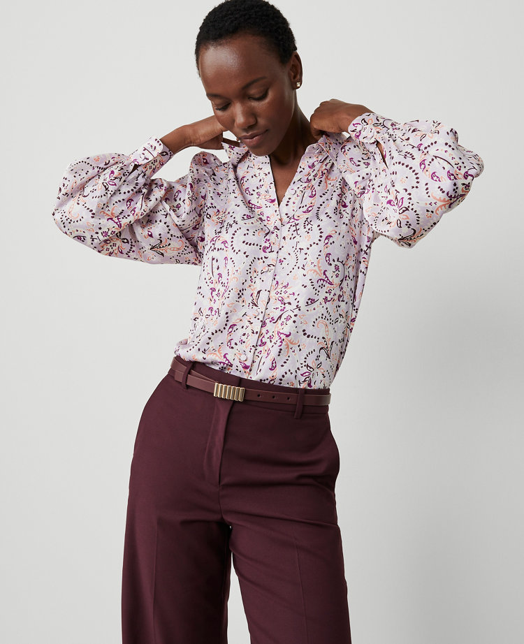 Ann Taylor Paisley Collared Puff Sleeve Shirt Lilac Women's