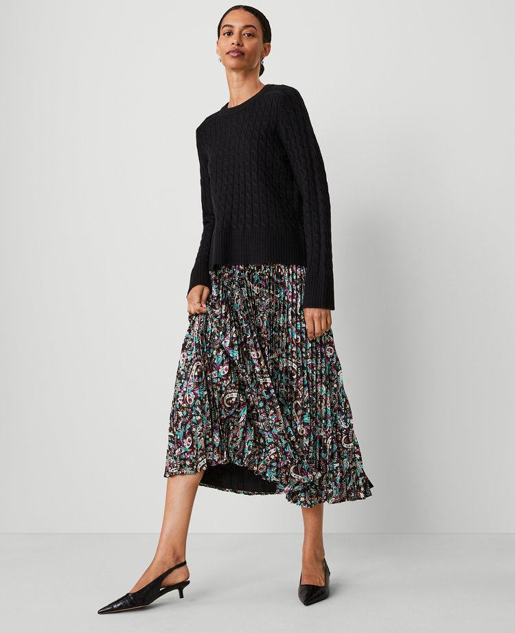 Ann Taylor Paisley Pleated Midi Skirt Black Women's