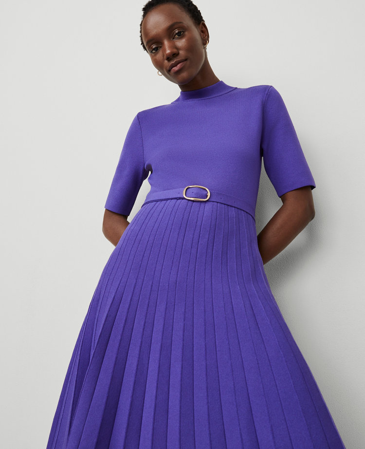 Mock Neck Belted Pleated Dress