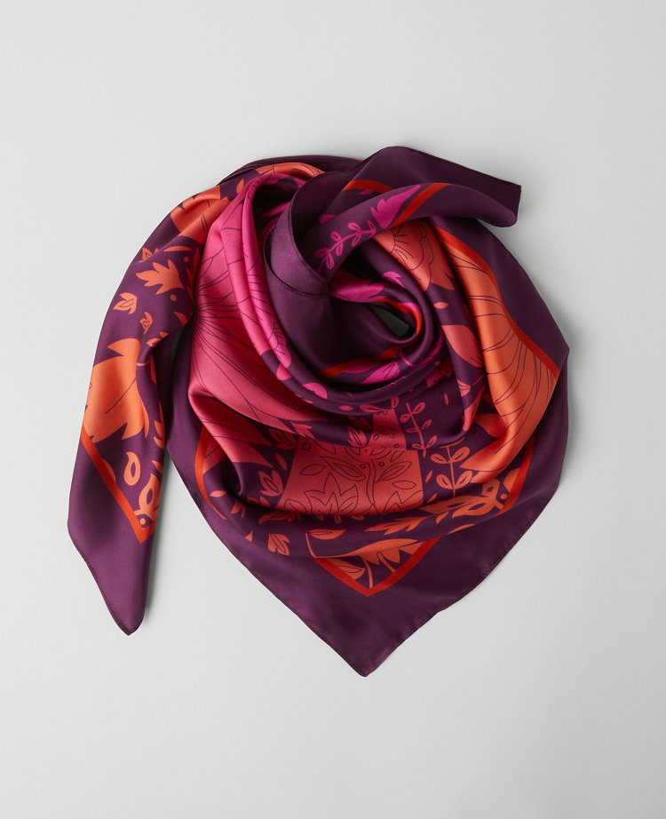 Ann Taylor Ombre Floral Silk Square Scarf Plum Burst Women's