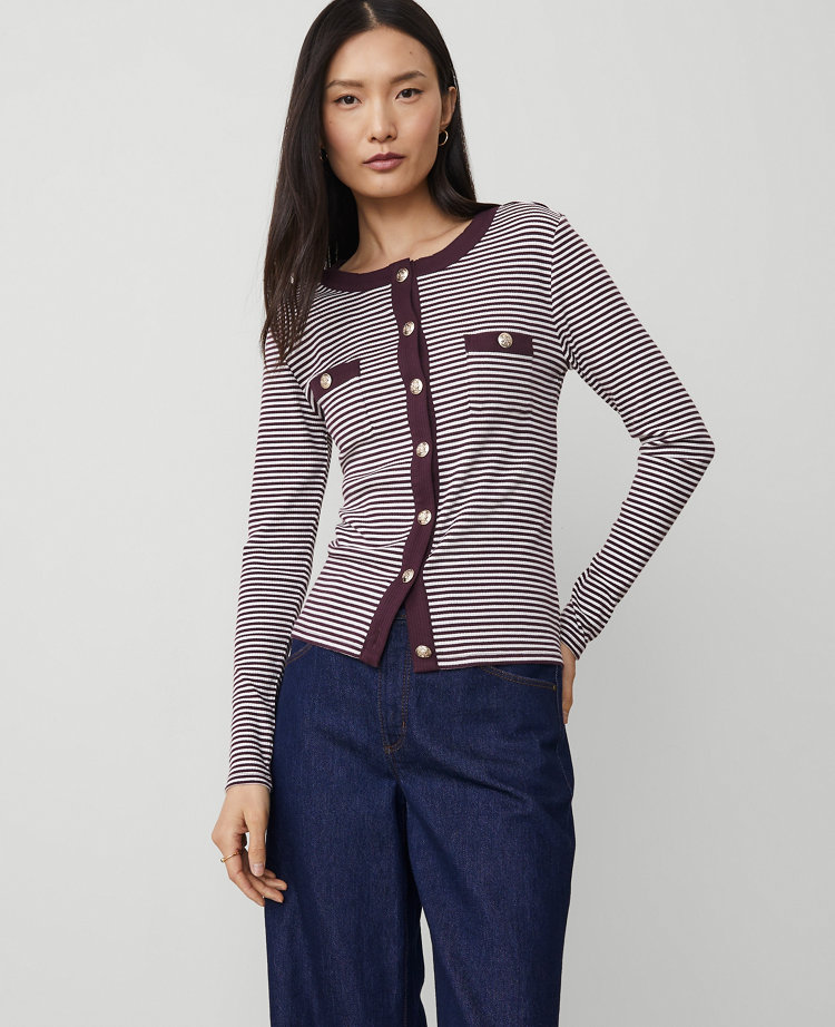 Petite Stripe Button Knit Jacket