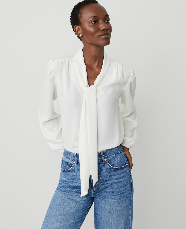 Ann Taylor Tie Neck Top Winter White Women's