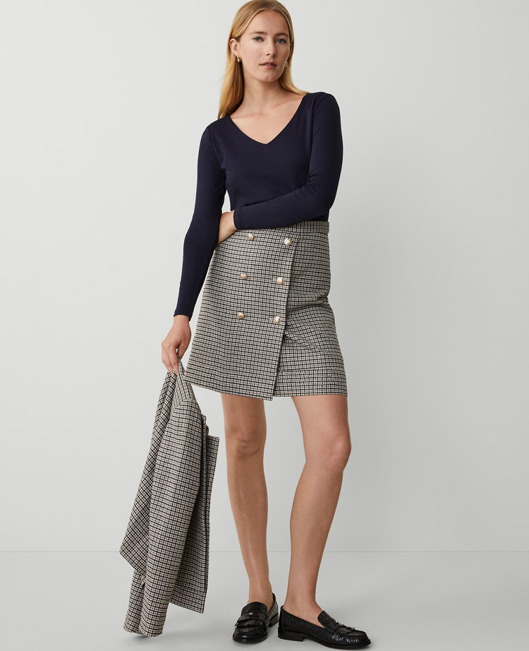Petite Brushed Check Button Wrap A-Line Skirt