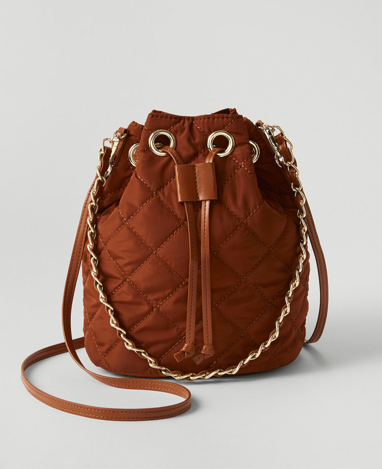 Quilted Drawstring Bucket Bag - Brown Stone