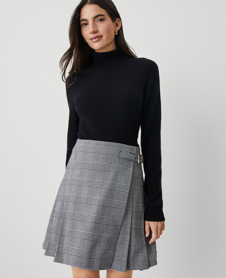 Houndstooth Pleated Wrap Skirt