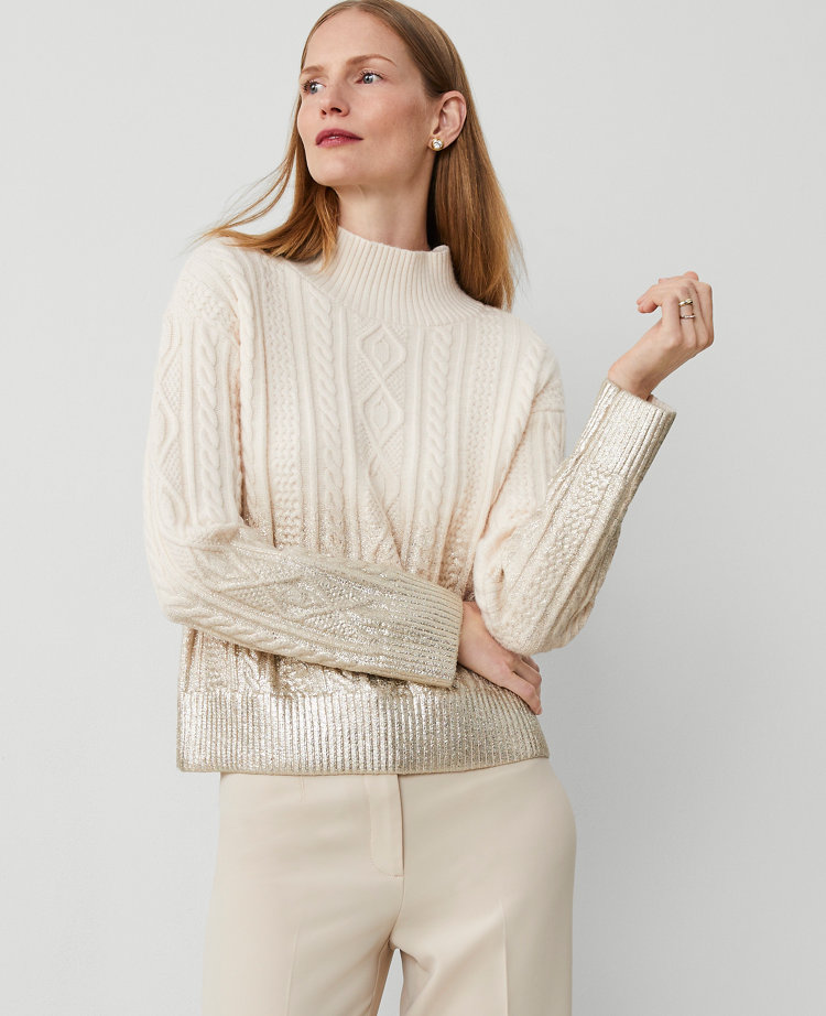 Foil Cable Mock Neck Sweater