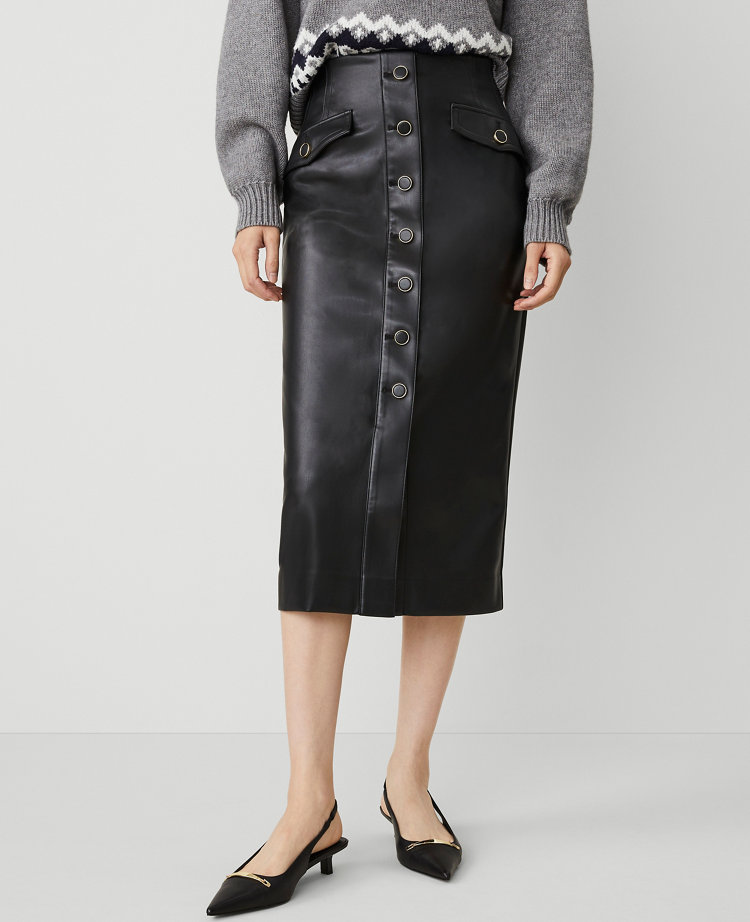 Faux Leather Button Front Pencil Skirt