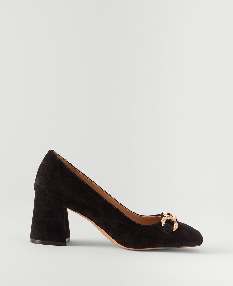 Chain Suede Block Heel Pumps