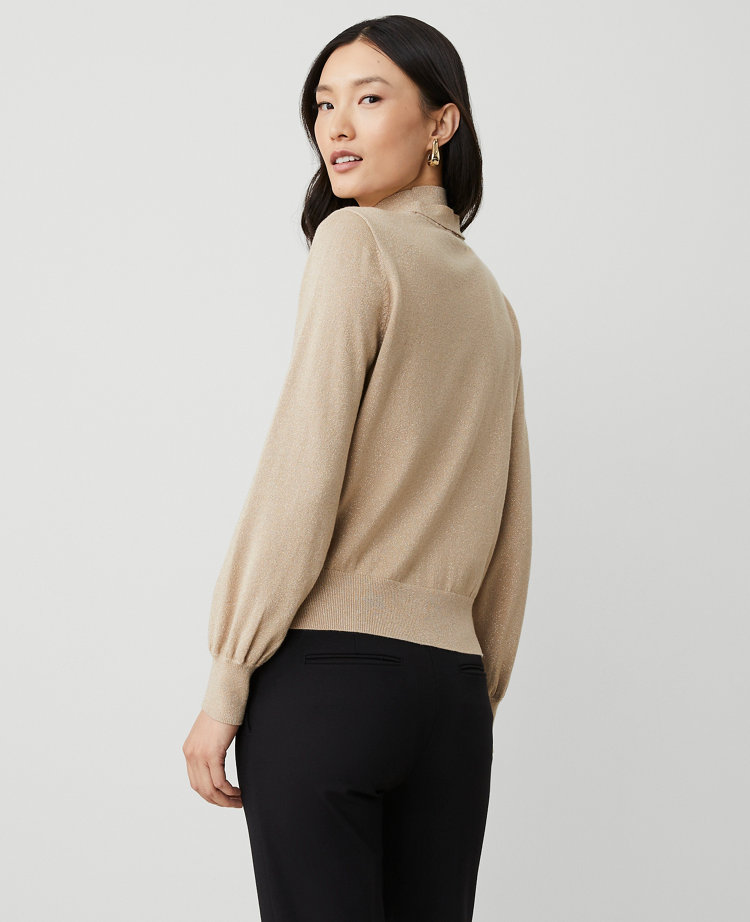 Lurex Tie Neck Puff Sleeve Sweater