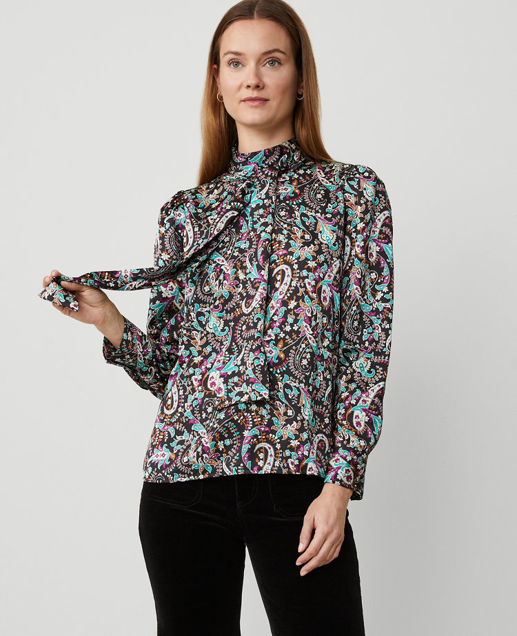 Ann Taylor Paisley Mock Tie Neck Puff Sleeve Top Black Women's