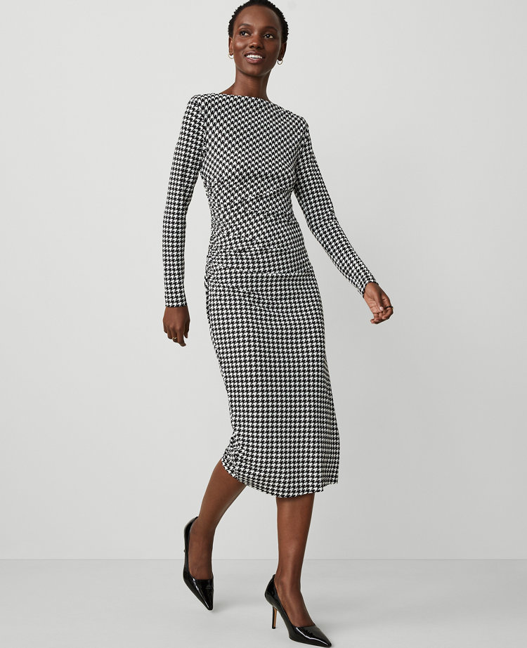 Petite Houndstooth Gathered Waist Column Sheath Dress