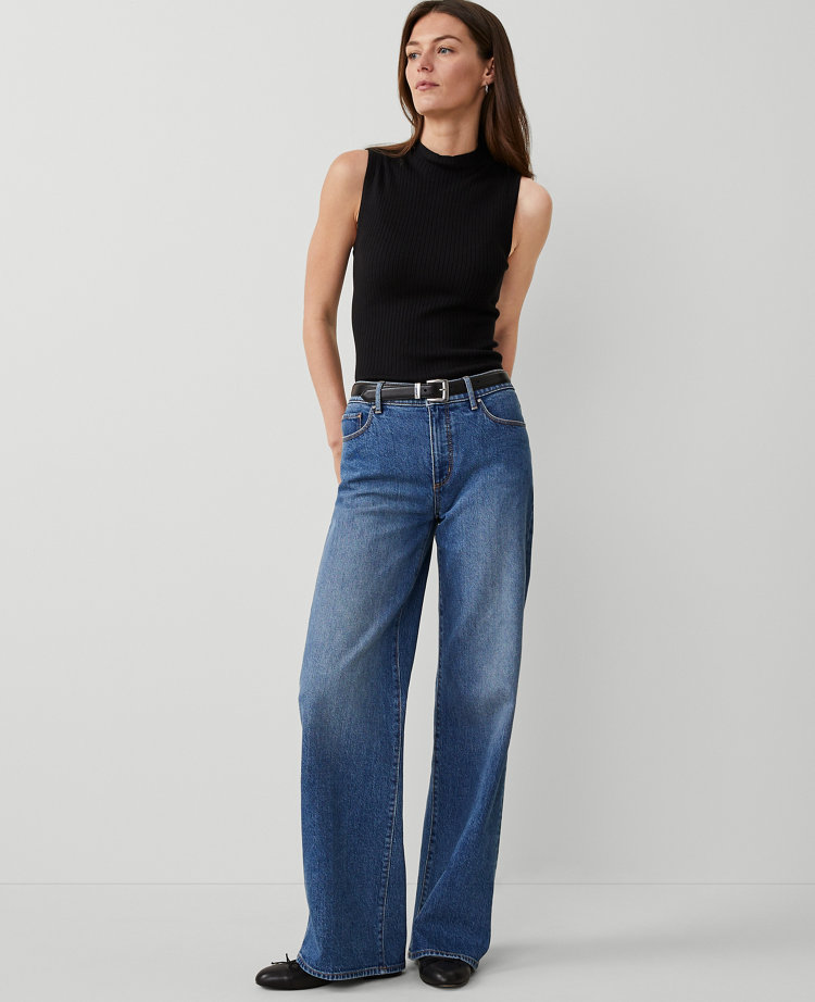 Ann Taylor Petite Mid Rise Wide Leg Jeans Original Medium Stone Wash Women's