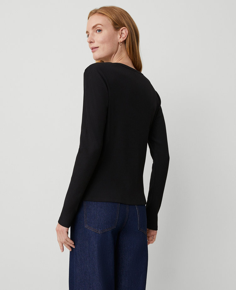 Ann Taylor AT Weekend Long Sleeve Crew Neck Top Black Women's