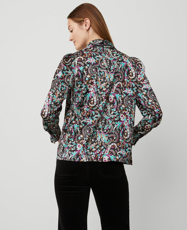 Petite Paisley Mock Tie Neck Puff Sleeve Top