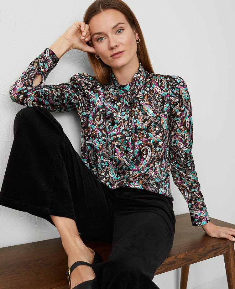 Petite Paisley Mock Tie Neck Puff Sleeve Top