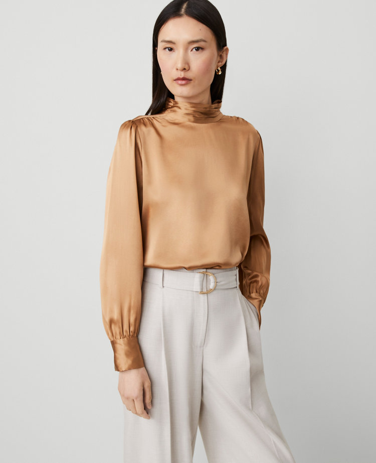 Silk Shirred Mock Neck Blouse