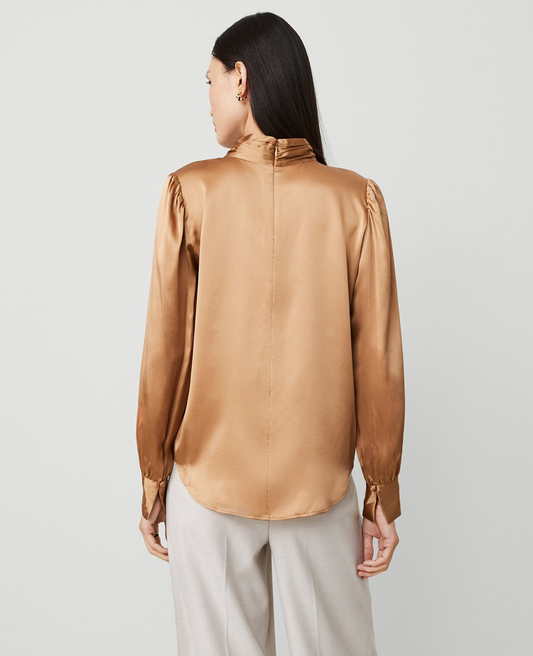 Silk Shirred Mock Neck Blouse