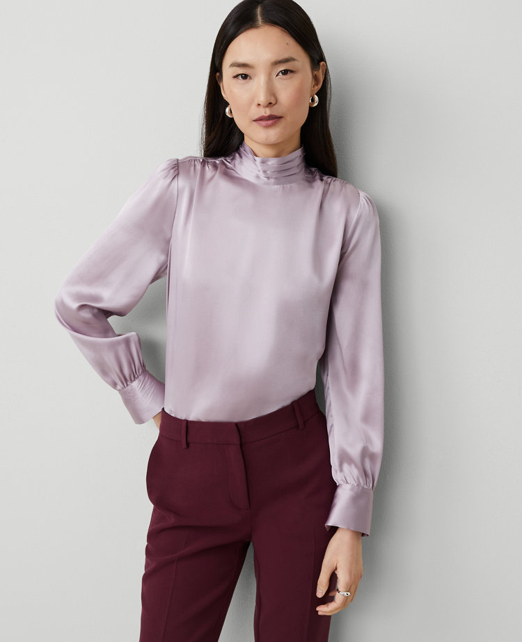 Silk Shirred Mock Neck Blouse