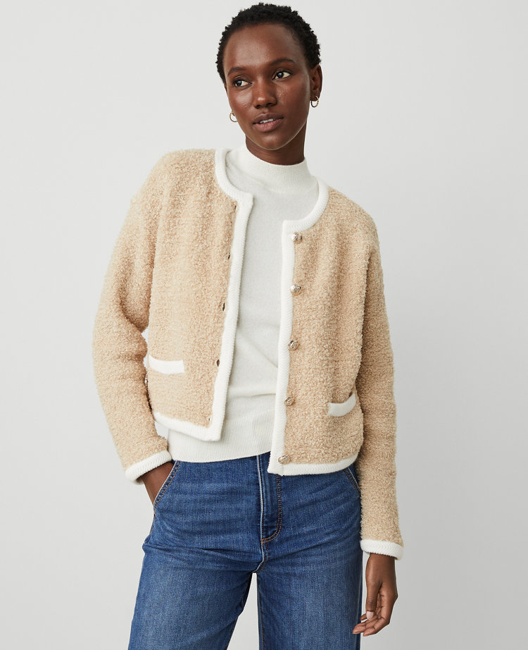 Petite Boucle Contrast Trim Sweater Jacket