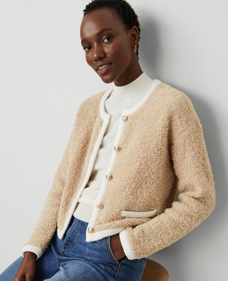 Petite Boucle Contrast Trim Sweater Jacket