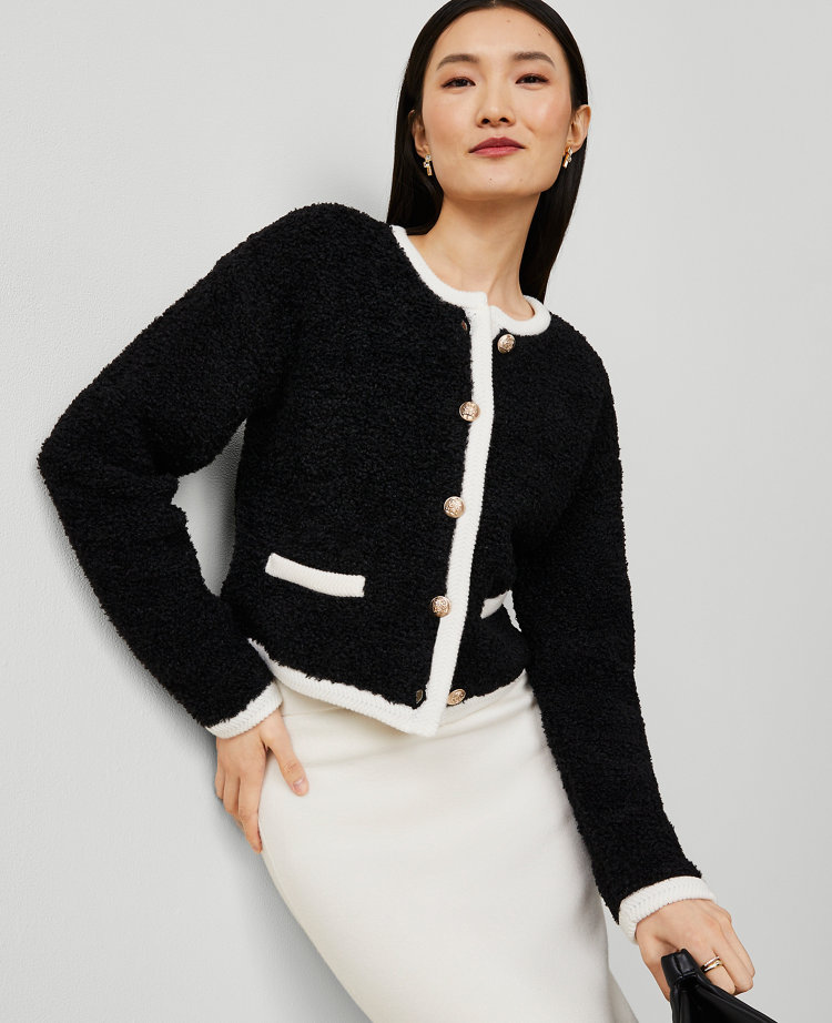 Petite Boucle Contrast Trim Sweater Jacket