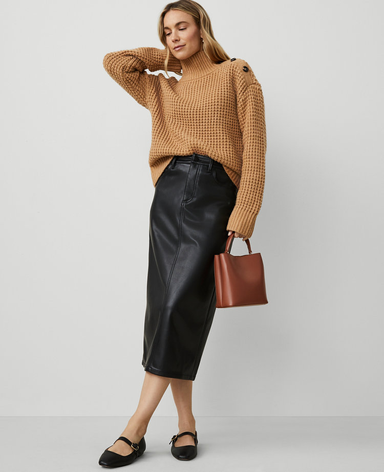 Petite Faux Leather Column Midi Skirt