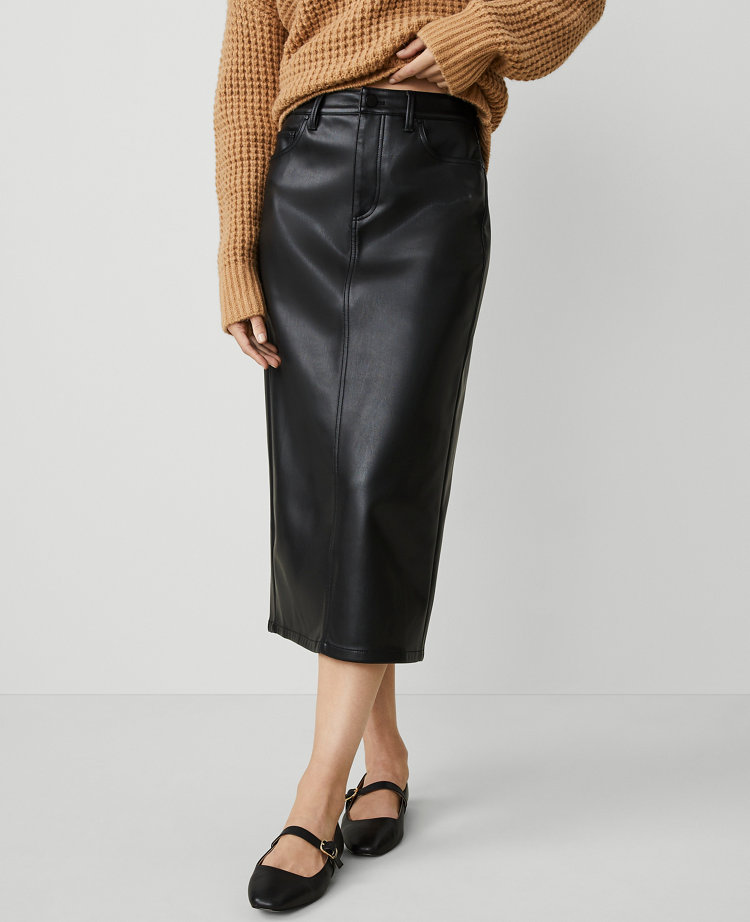 Petite Faux Leather Column Midi Skirt
