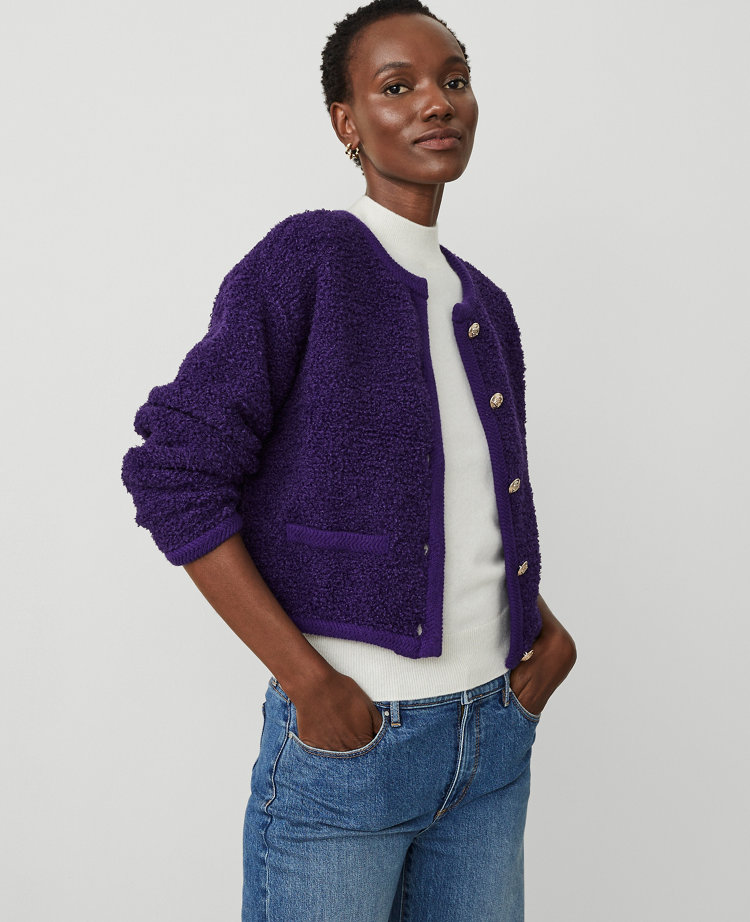 Petite Boucle Textured Trim Sweater Jacket