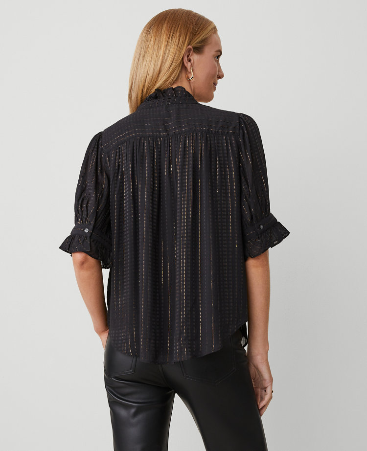 Metallic Stripe Ruffle Button Top