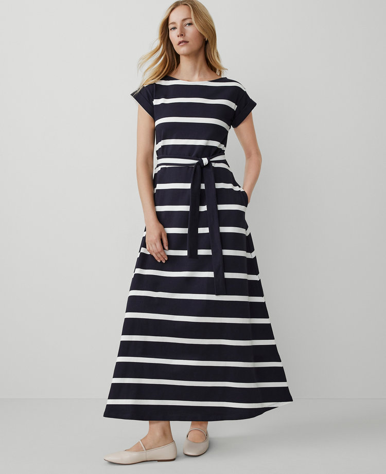 Striped Knit Boatneck Midi Dress - old money weekend outfits