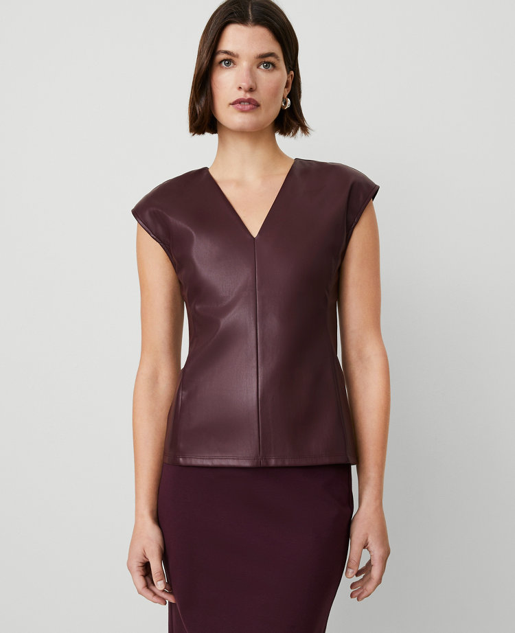 Petite Faux Leather V-Neck Cap Sleeve Top